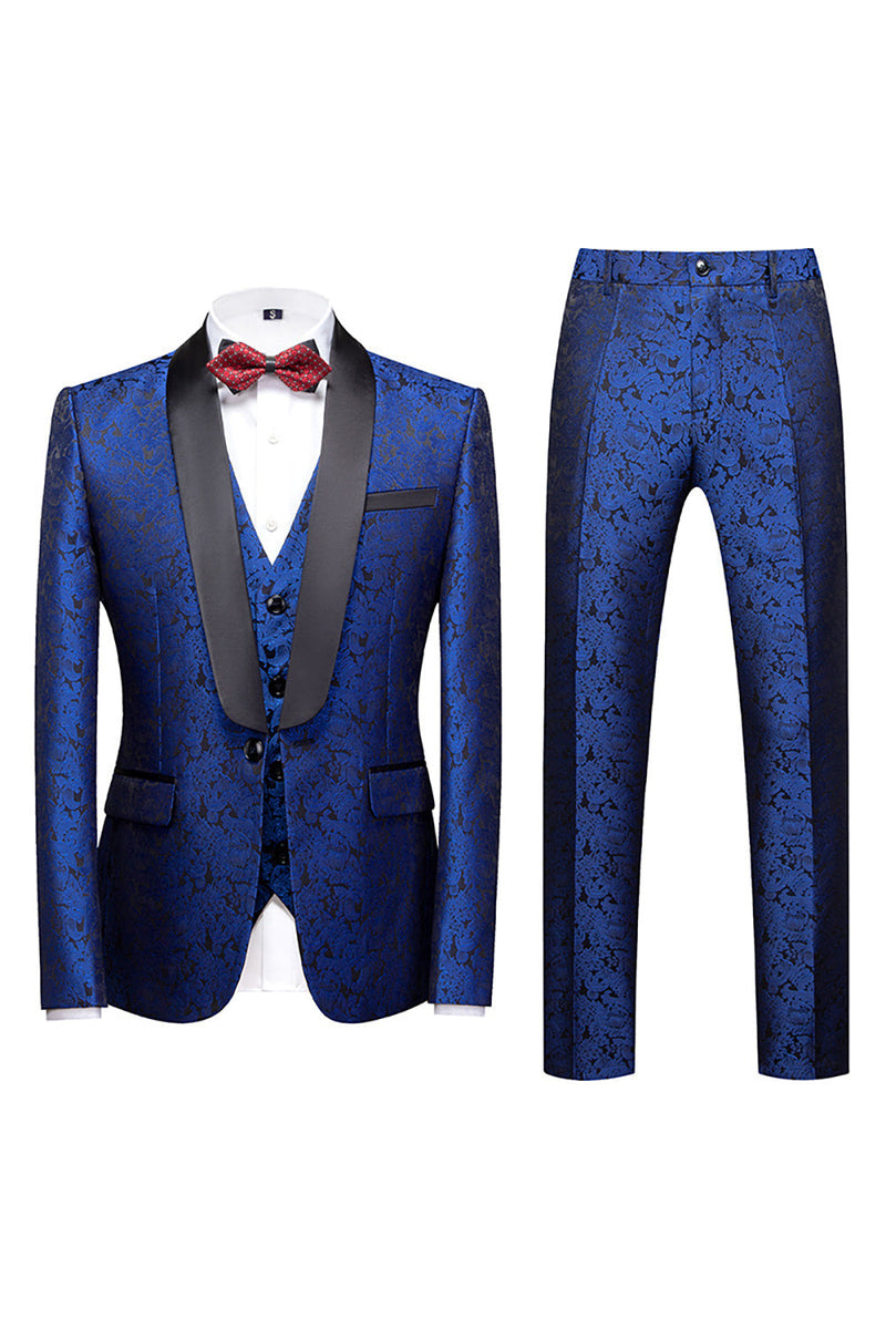 Load image into Gallery viewer, Black 3 Piece Jacquard Shawl Lapel Men's Prom Suits