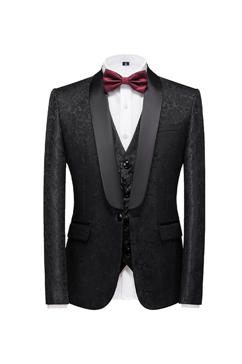Load image into Gallery viewer, Black 3 Piece Jacquard Shawl Lapel Men's Prom Suits