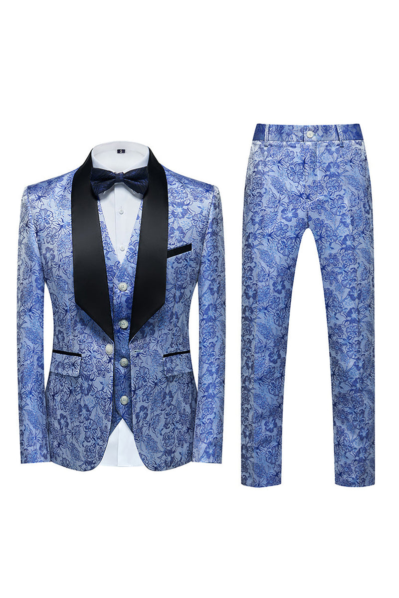 Load image into Gallery viewer, Light Blue Lapel Jacquard 3 Piece Men's Prom Suits