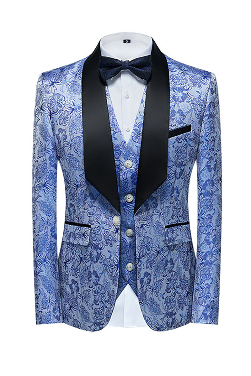 Load image into Gallery viewer, Light Blue Lapel Jacquard 3 Piece Men's Prom Suits