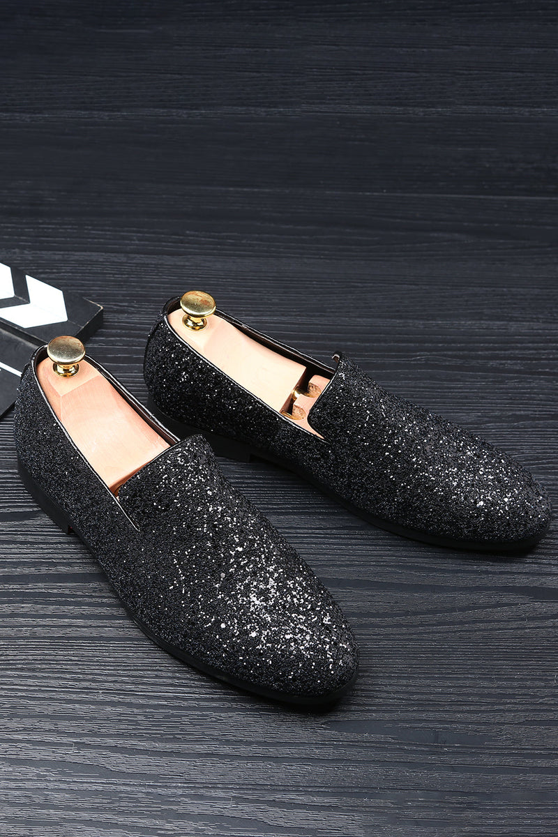 Load image into Gallery viewer, Black Sequined Slip-On Men's Shoes