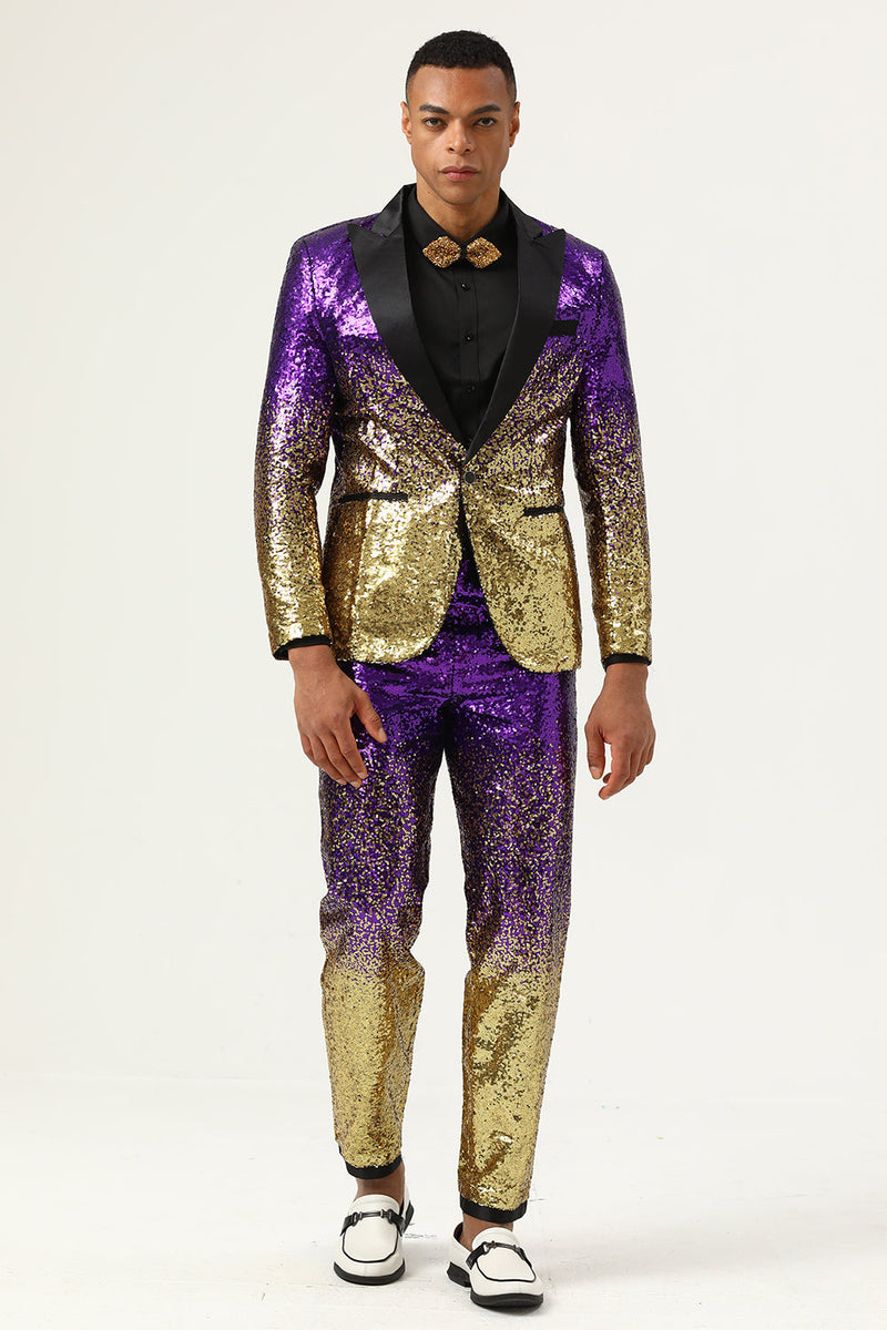 Load image into Gallery viewer, Men's 2 Piece Ombre Sequins Purple Slim Fit Notched Lapel Prom Suits