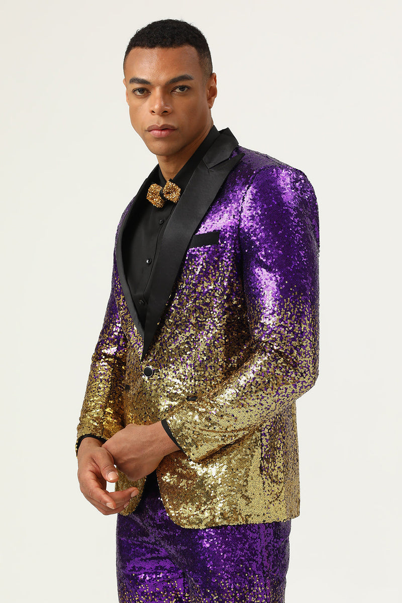 Load image into Gallery viewer, Men's 2 Piece Ombre Sequins Purple Slim Fit Notched Lapel Prom Suits