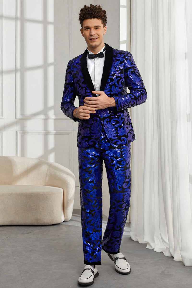 Load image into Gallery viewer, Shawl Lapel One Button Royal Blue Sequins Men's 2 Pieces Suits