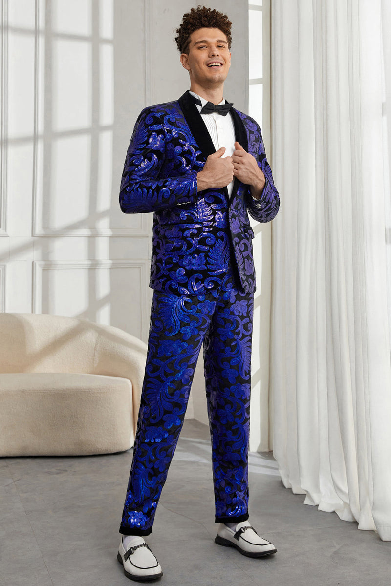 Load image into Gallery viewer, Shawl Lapel One Button Royal Blue Sequins Men's 2 Pieces Suits