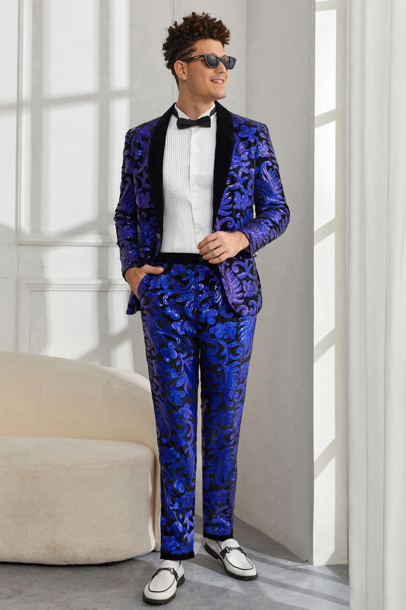 Load image into Gallery viewer, Shawl Lapel One Button Royal Blue Sequins Men's 2 Pieces Suits