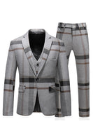 Load image into Gallery viewer, Grey Stripe Notched Lapel Men's 3 Pieces Suits