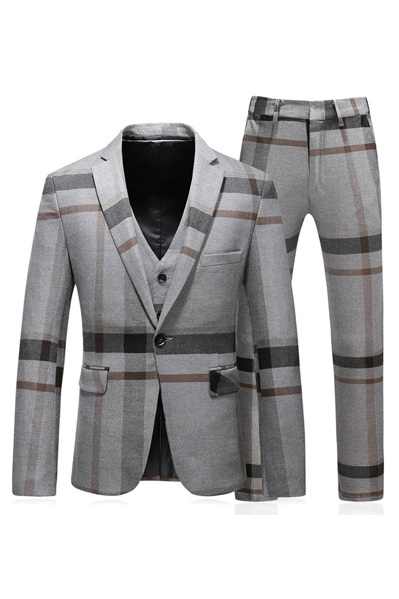 Load image into Gallery viewer, Grey Stripe Notched Lapel Men's 3 Pieces Suits