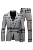 Load image into Gallery viewer, Grey Stripe Notched Lapel Men's 3 Pieces Suits