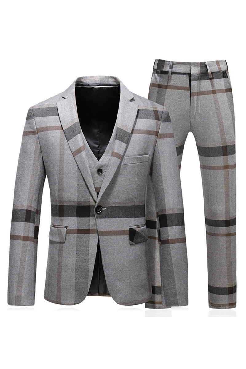 Load image into Gallery viewer, Grey Stripe Notched Lapel Men's 3 Pieces Suits