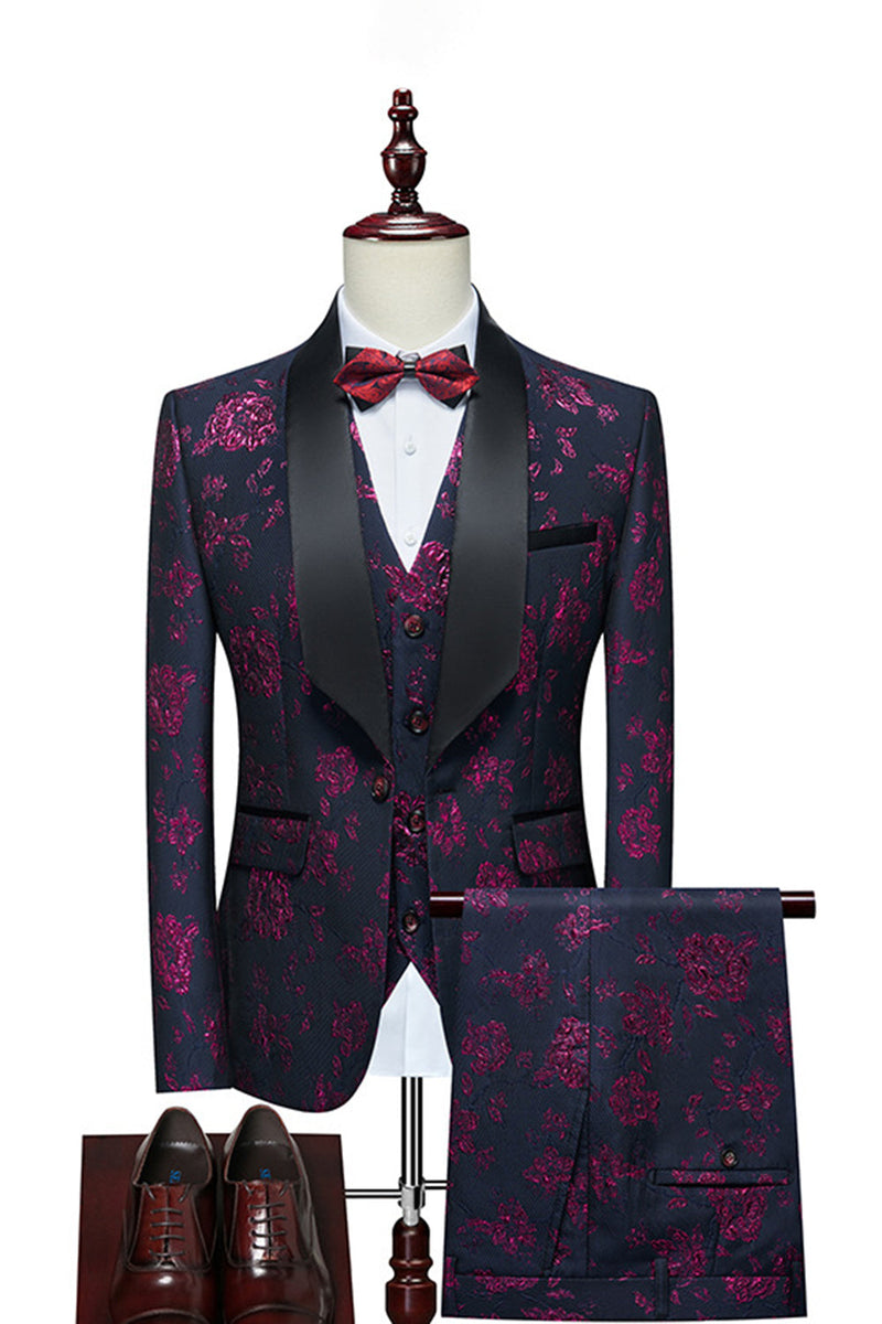 Load image into Gallery viewer, Red Jacquard Shawl Lapel 3 Pieces Men's Suits