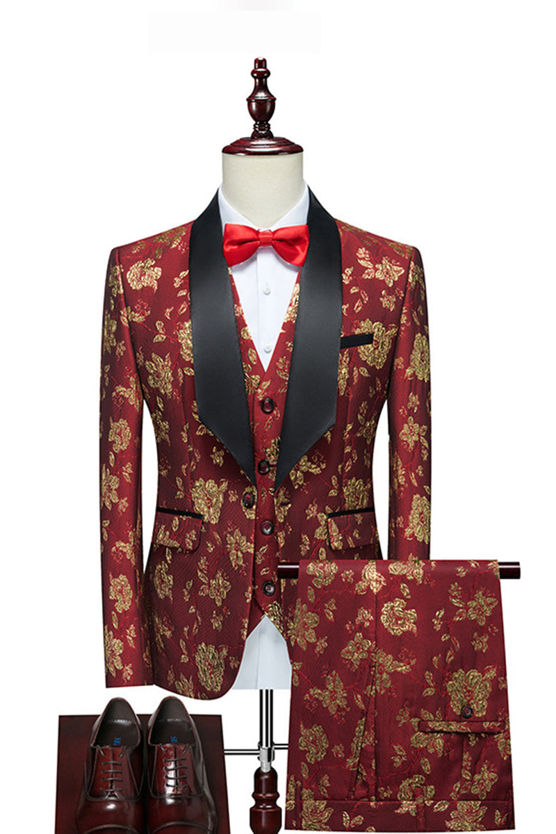 Load image into Gallery viewer, Red Jacquard Shawl Lapel 3 Pieces Men's Suits