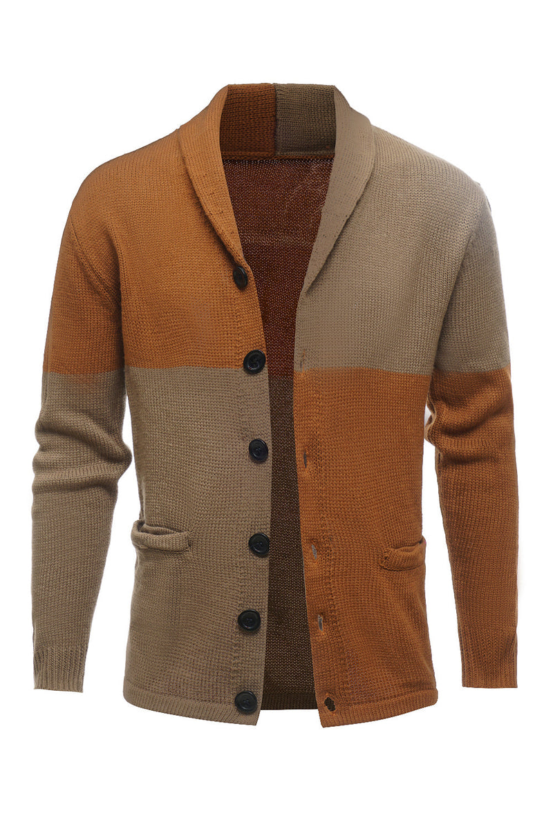 Load image into Gallery viewer, Brown Patchwork Shawl Collar Long Sleeves Men's Cardigan Sweater