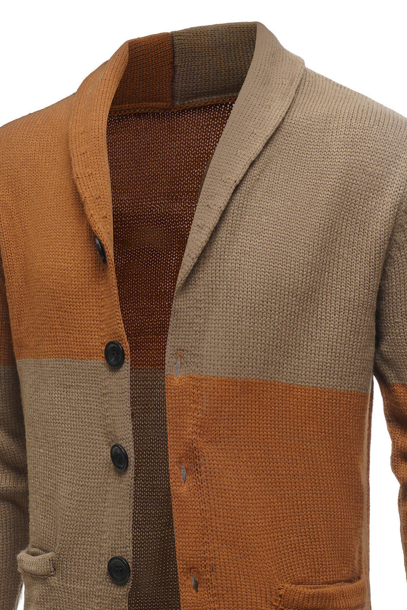 Load image into Gallery viewer, Brown Patchwork Shawl Collar Long Sleeves Men's Cardigan Sweater