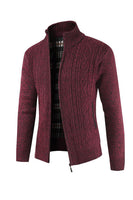 Load image into Gallery viewer, Burgundy Men's Casual Stand Collar Cardigan Zipper Cable Knitted Sweater
