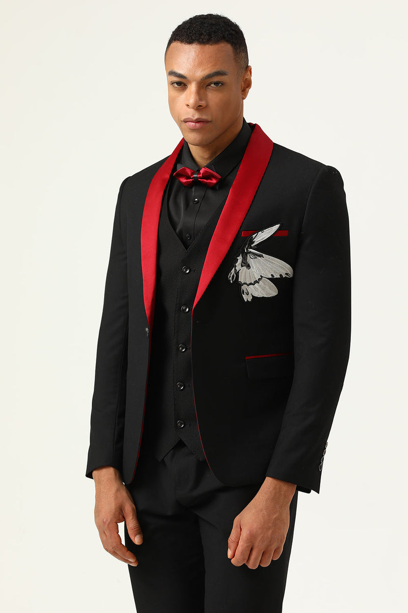 Load image into Gallery viewer, 3 Piece Black Red Shawl Lapel Men's Prom Suits