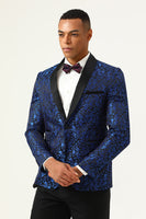 Load image into Gallery viewer, One Button Blue Shawl Lapel Jacquard Men's Prom Blazer