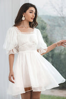 Load image into Gallery viewer, Modest Tulle White Graduation Dress with Lace-up Back