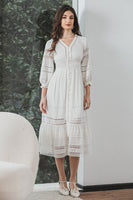 Load image into Gallery viewer, Tea-Length Lace White Graduation Dress with Long Sleeves