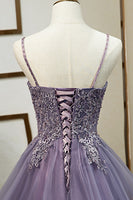Load image into Gallery viewer, Purple Tulle A Line Beaded Prom Dress with Appliques