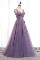 Load image into Gallery viewer, Tulle A Line Purple Beaded Prom Dress with Appliques
