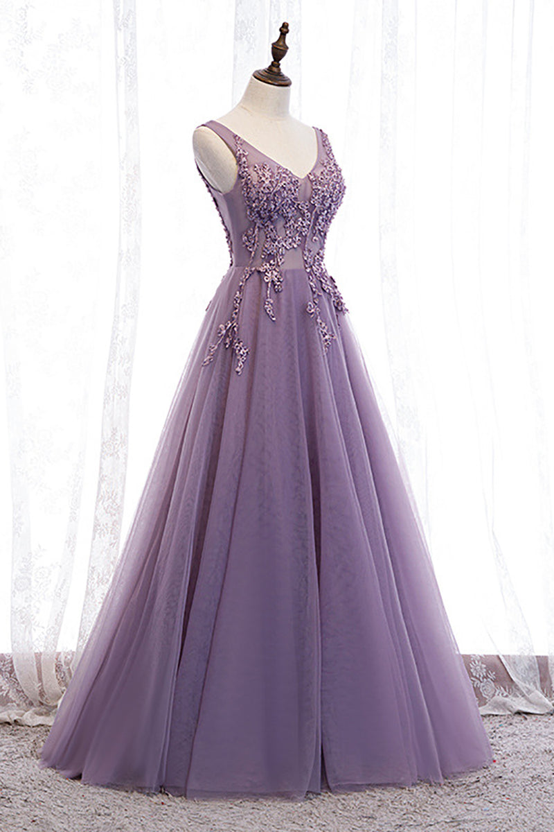 Load image into Gallery viewer, Tulle A Line Purple Beaded Prom Dress with Appliques