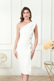 One Shoulder Bodycon Midi White Graduation Dress