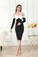Load image into Gallery viewer, Off the Shoulder Long Sleeves Black Midi Graduation Dress