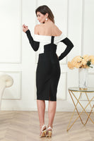Load image into Gallery viewer, Off the Shoulder Long Sleeves Black Midi Graduation Dress
