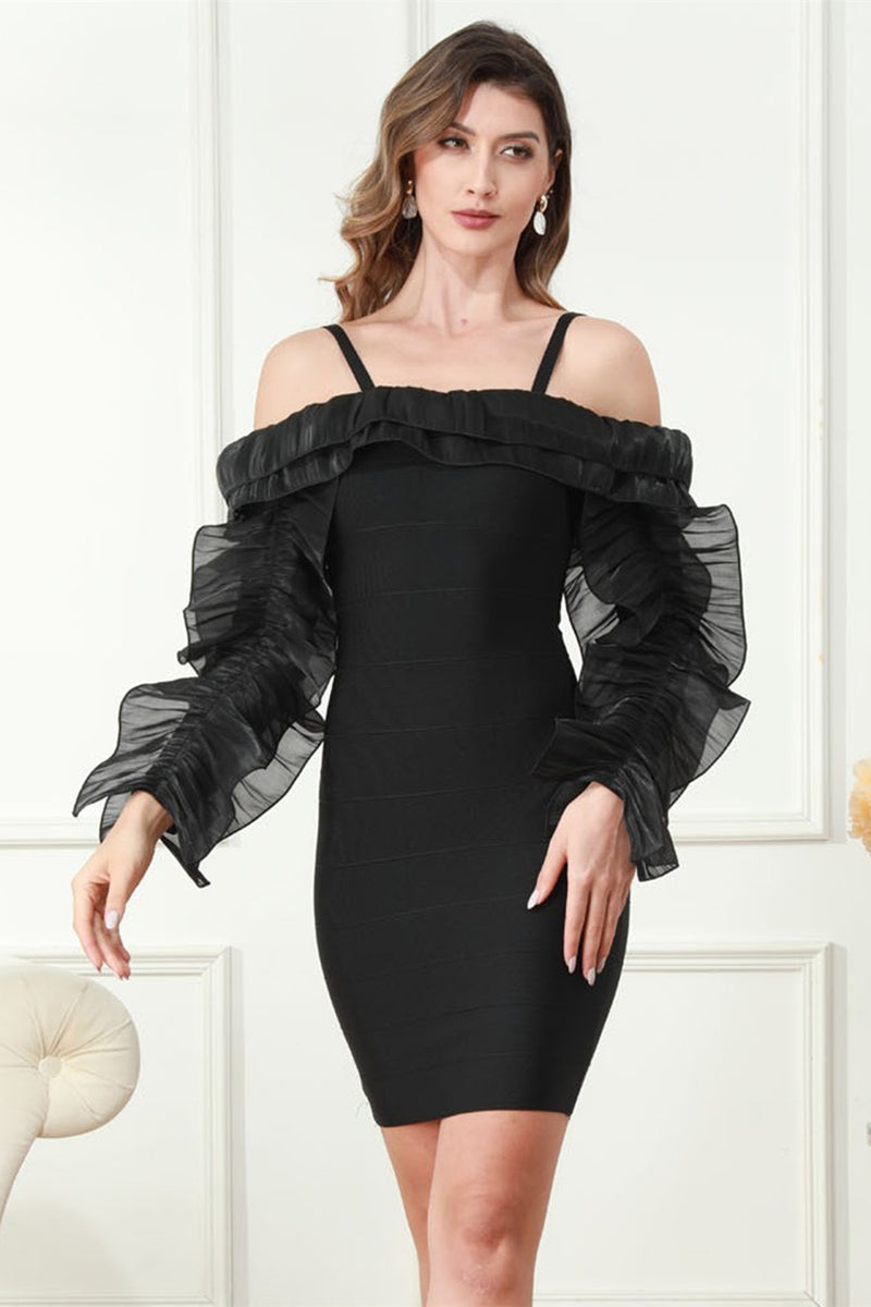 Load image into Gallery viewer, Off the Shoulder Black Mini Graduation Dress with Long Sleeves