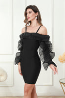 Load image into Gallery viewer, Off the Shoulder Black Mini Graduation Dress with Long Sleeves