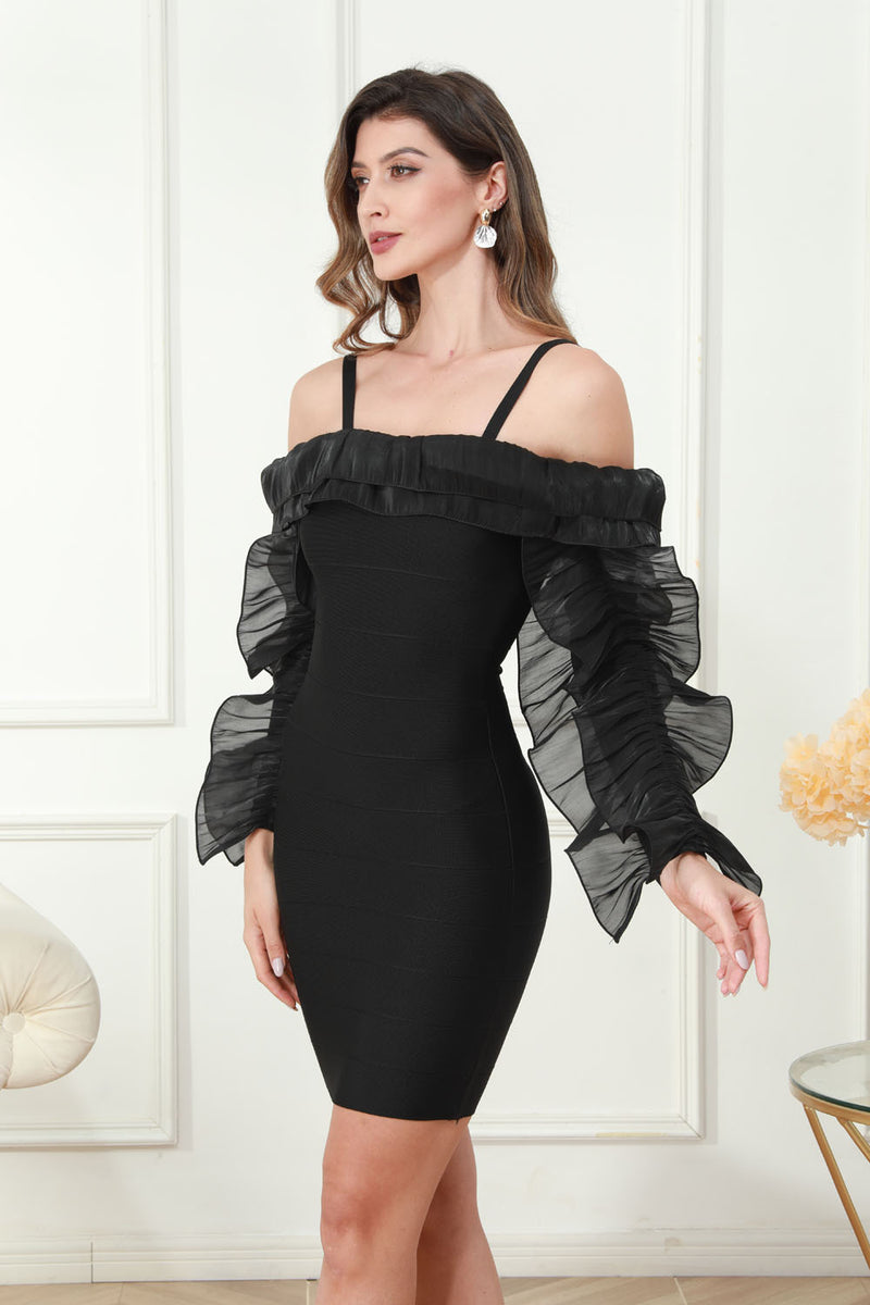 Load image into Gallery viewer, Off the Shoulder Black Mini Graduation Dress with Long Sleeves
