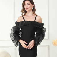 Load image into Gallery viewer, Off the Shoulder Black Mini Graduation Dress with Long Sleeves