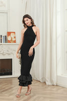 Load image into Gallery viewer, Black Halter Midi Graduation Dress with Ruffles