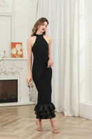Load image into Gallery viewer, Black Halter Midi Graduation Dress with Ruffles