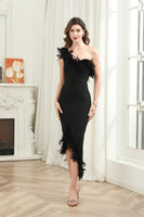 Load image into Gallery viewer, Asymmetrical Black One Shoulder Midi Graduation Dress with Feather