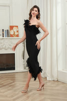 Load image into Gallery viewer, Asymmetrical Black One Shoulder Midi Graduation Dress with Feather