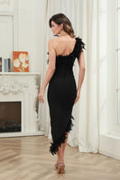 Load image into Gallery viewer, Asymmetrical Black One Shoulder Midi Graduation Dress with Feather