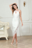 Load image into Gallery viewer, White Asymmetrical Spaghetti Straps Graduation Dress with Lace