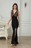 Load image into Gallery viewer, Mermaid Black Deep V Neck Long Formal Dress with Slit