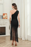 Load image into Gallery viewer, One Shoulder Black Midi Graduation Dress with Tassel