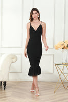 Load image into Gallery viewer, Black Spaghetti Straps Midi Graduation Dress