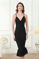 Load image into Gallery viewer, Black Spaghetti Straps Midi Graduation Dress