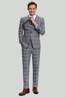 Load image into Gallery viewer, Grey Plaid Wide Peak Lapel 3 Piece Single Breasted Men's Suits