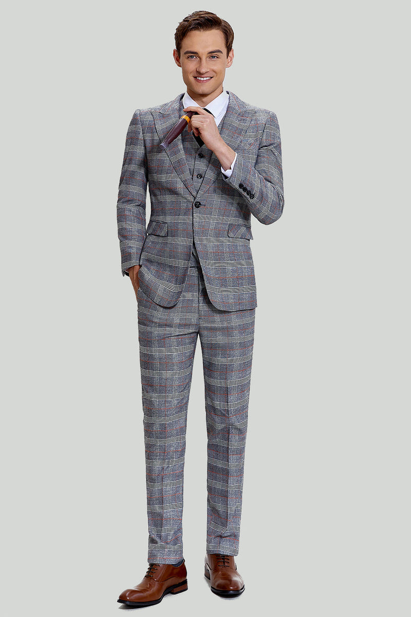Load image into Gallery viewer, Grey Plaid Wide Peak Lapel 3 Piece Single Breasted Men's Suits