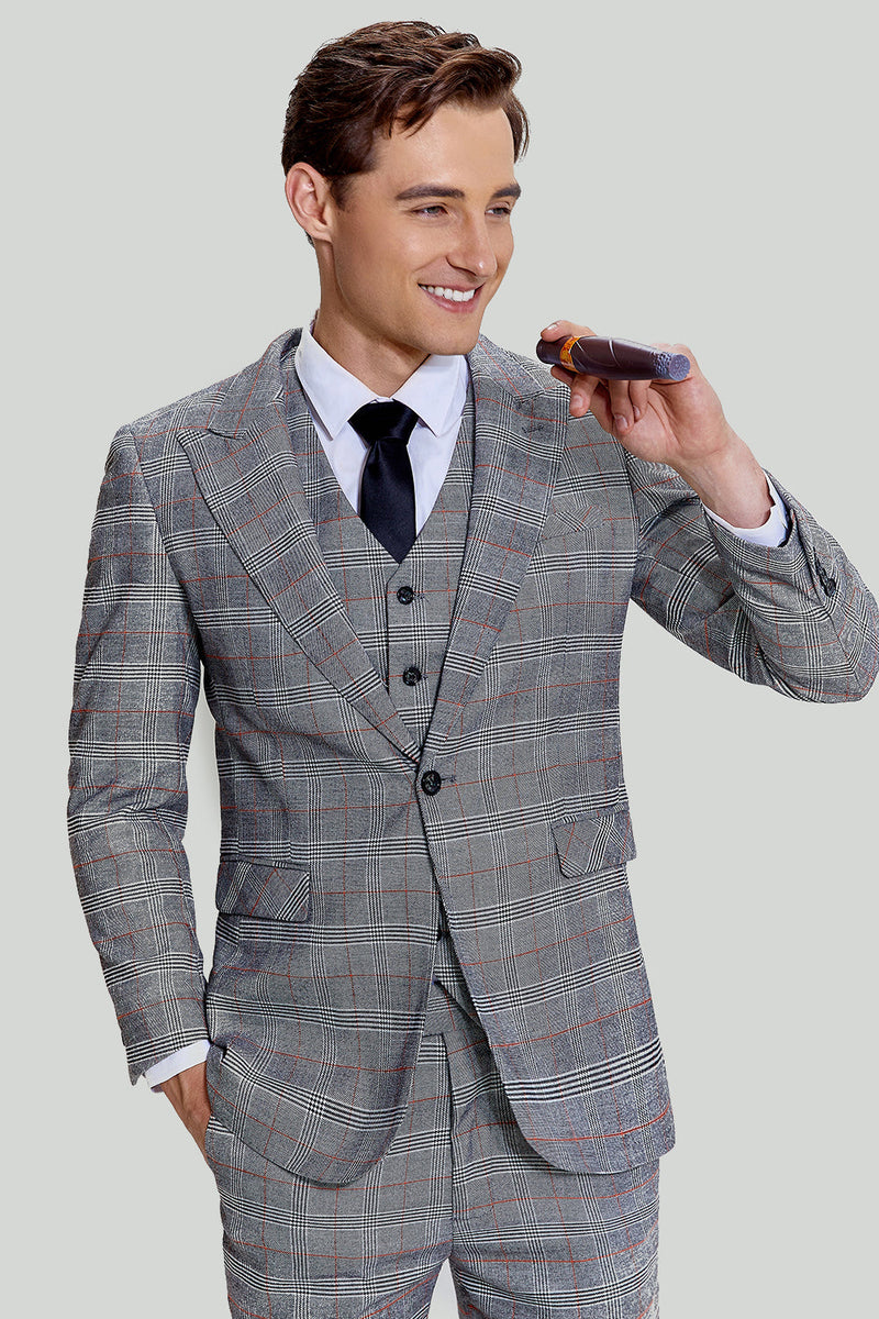 Load image into Gallery viewer, Grey Plaid Wide Peak Lapel 3 Piece Single Breasted Men's Suits
