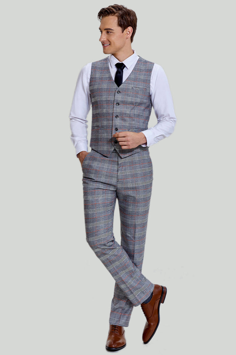 Load image into Gallery viewer, Grey Plaid Wide Peak Lapel 3 Piece Single Breasted Men's Suits
