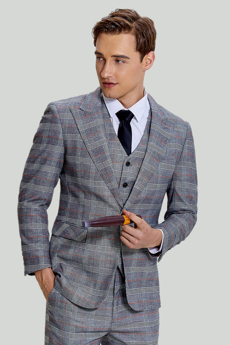 Load image into Gallery viewer, Grey Plaid Wide Peak Lapel 3 Piece Single Breasted Men's Suits