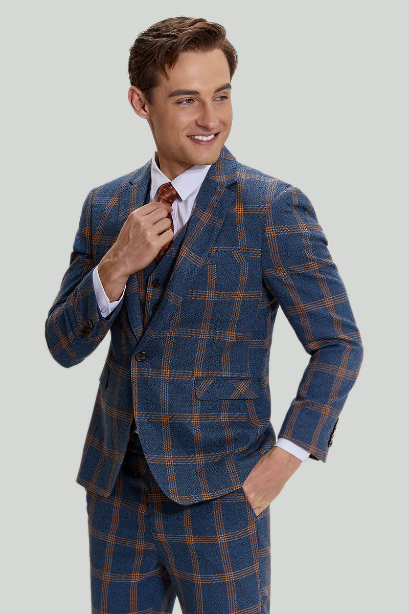 Load image into Gallery viewer, Grey Blue Men's 3 Piece Plaid Notched Lapel Prom Suits
