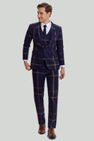 Load image into Gallery viewer, Men's 3 Piece One Button Navy Plaid Tuxedo